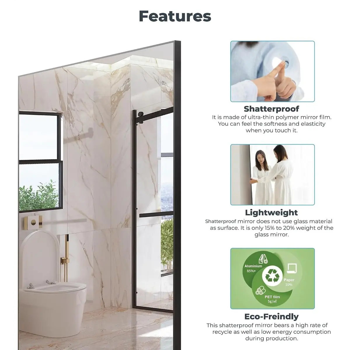 Fab Glass and Mirror Large Gym Mirror 54" x 30" | Unbreakable Nano Film Shatterproof Wall Mirror - view 3