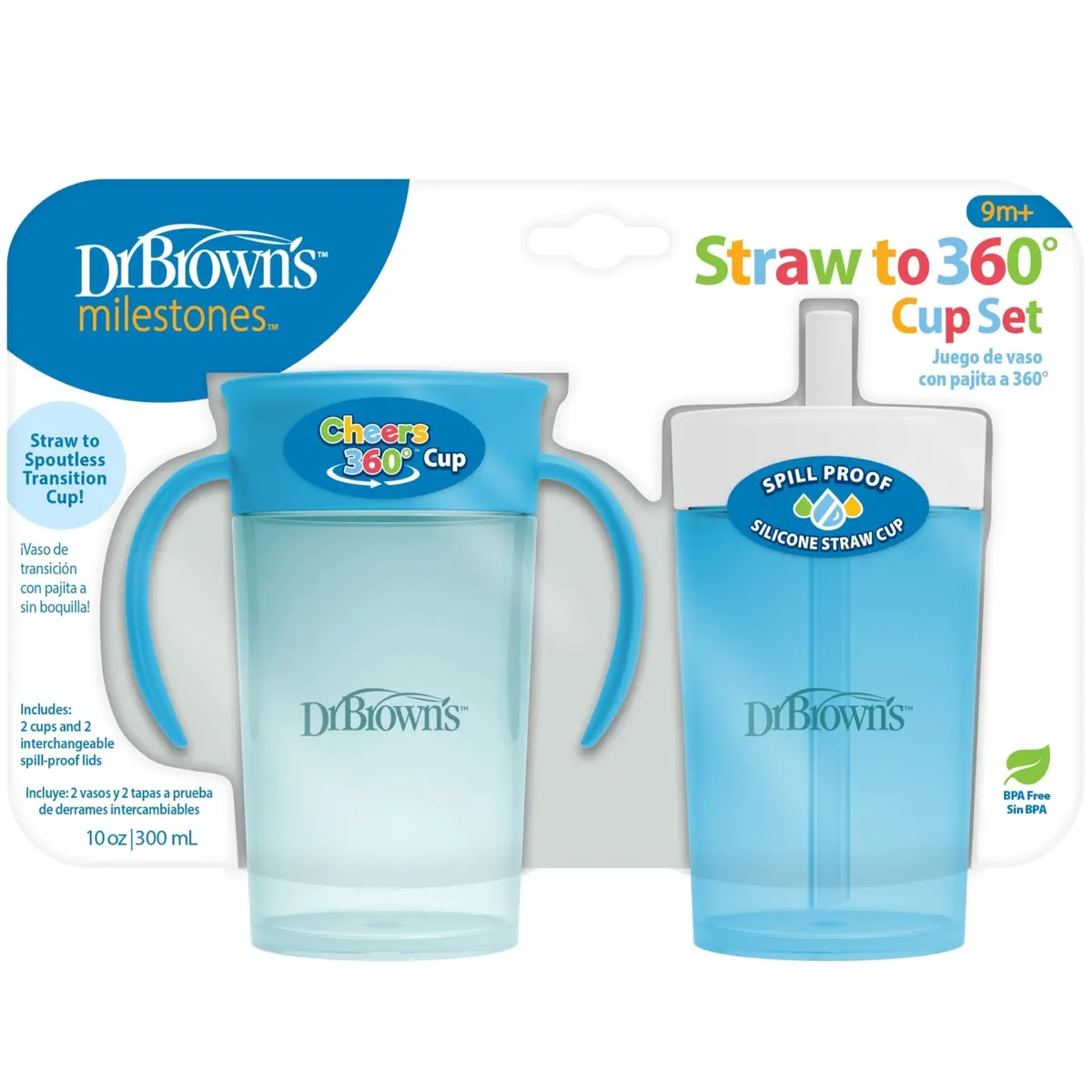 Dr. Brown's Milestones Straw to 360 Cup Set, Blue Ocean, 10 oz | Leak-proof toddler training cups - main product image