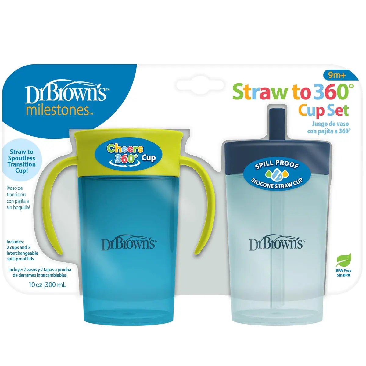 Dr. Brown's Milestones Straw to 360 Cup Set, Blue Green, 10 oz | Leak-proof toddler training cup - main product image