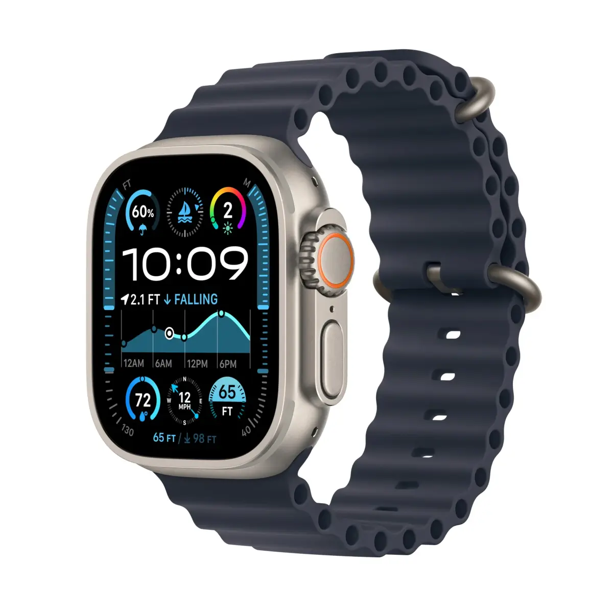 Apple Watch Ultra 2 [GPS + Cellular, 49mm] Natural Titanium Case with Navy Ocean Band, One Size | Advanced Sports & Adventure Smartwatch - main product image