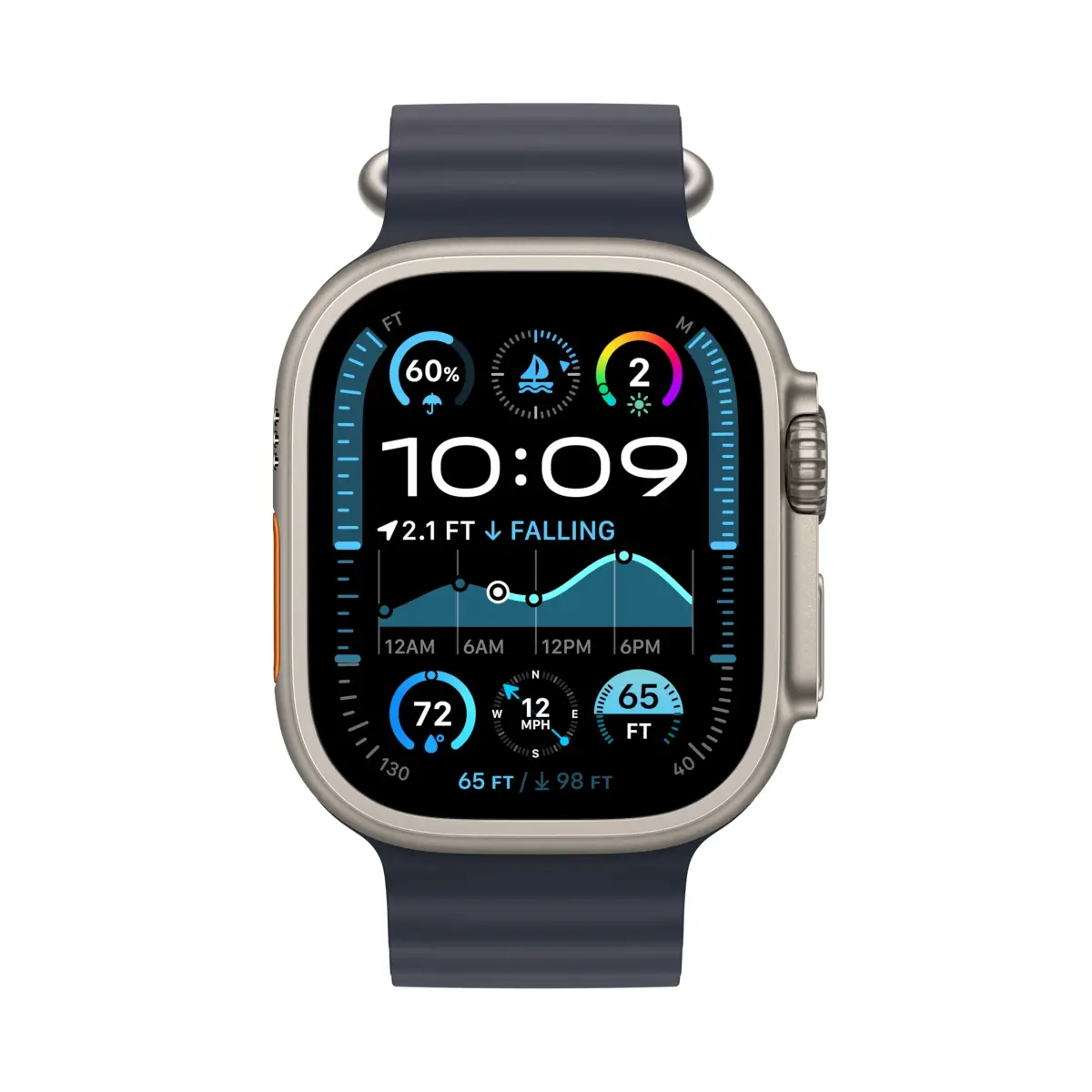 Apple Watch Ultra 2 [GPS + Cellular, 49mm] Natural Titanium Case with Navy Ocean Band, One Size | Advanced Sports & Adventure Smartwatch - view 2