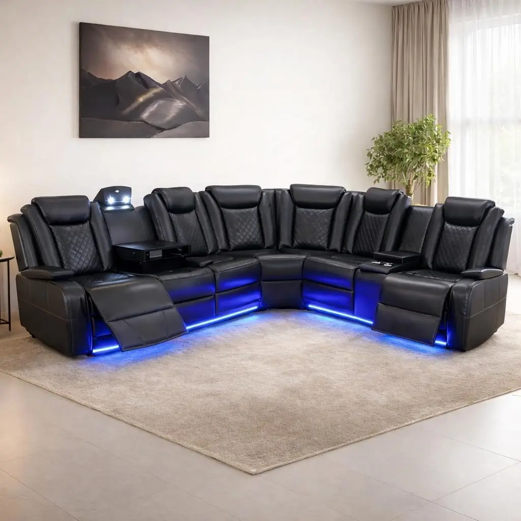 FUOROLA Sectional Sofa with Power Recliner & LED, Black | Modular Living Room Couch with Wireless Charging & Storage - main product image