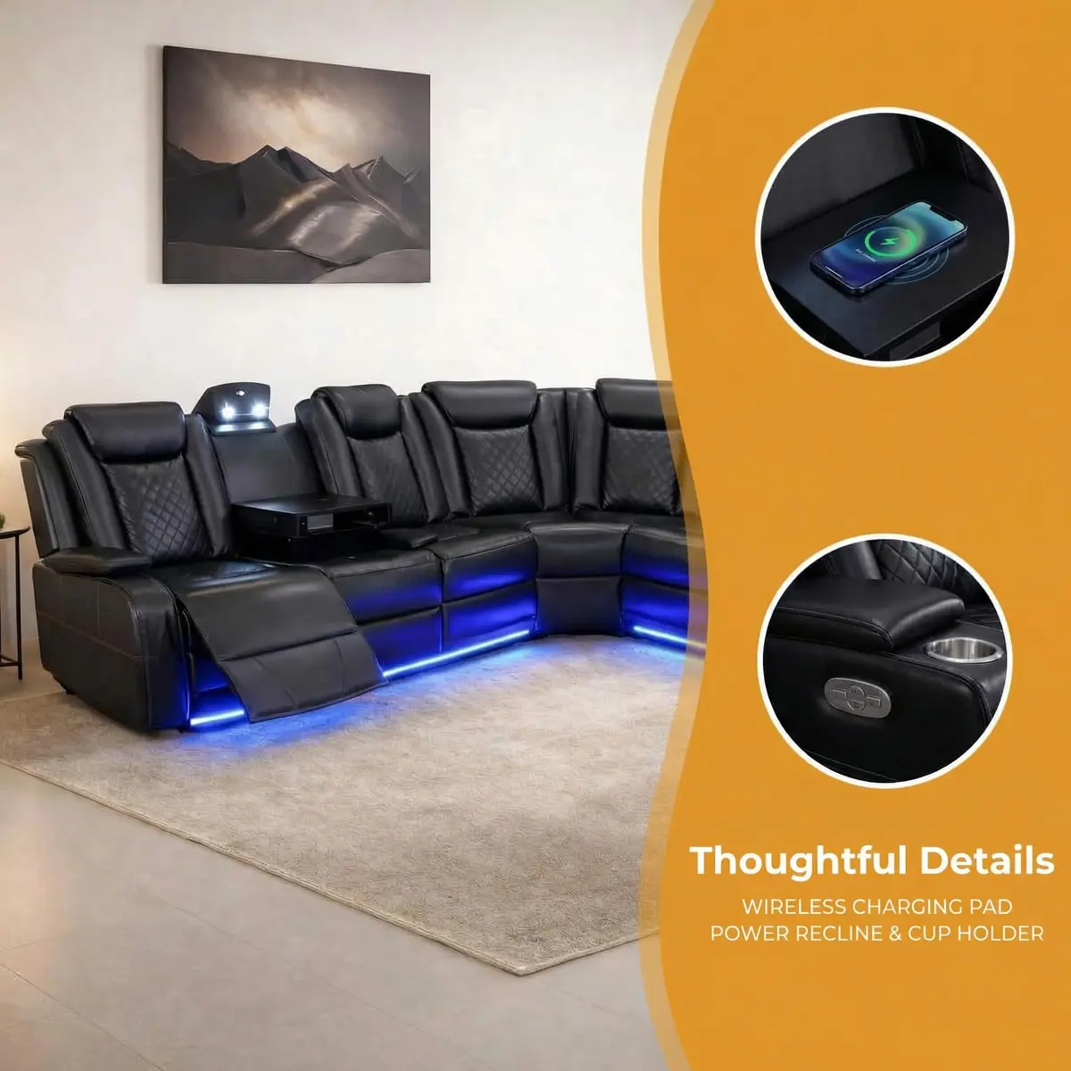 FUOROLA Sectional Sofa with Power Recliner & LED, Black | Modular Living Room Couch with Wireless Charging & Storage - view 5