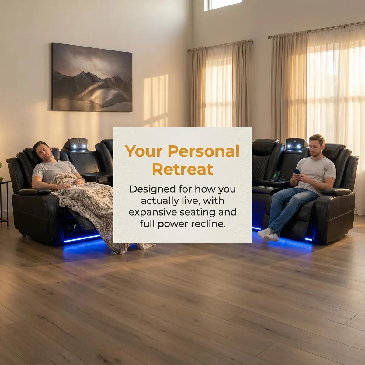 FUOROLA Sectional Sofa with Power Recliner & LED, Black | Modular Living Room Couch with Wireless Charging & Storage - view 7
