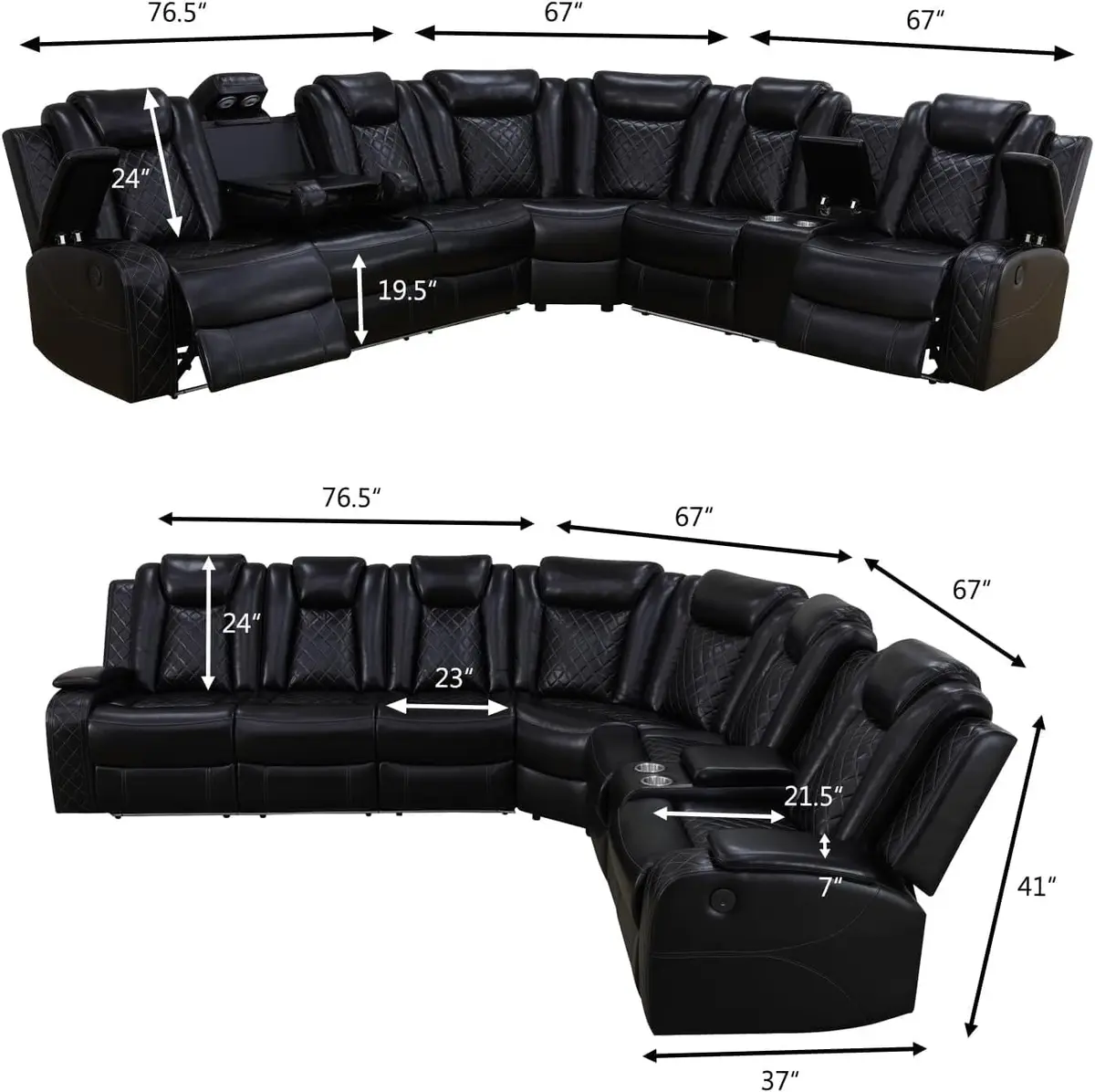FUOROLA Sectional Sofa with Power Recliner & LED, Black | Modular Living Room Couch with Wireless Charging & Storage - view 2