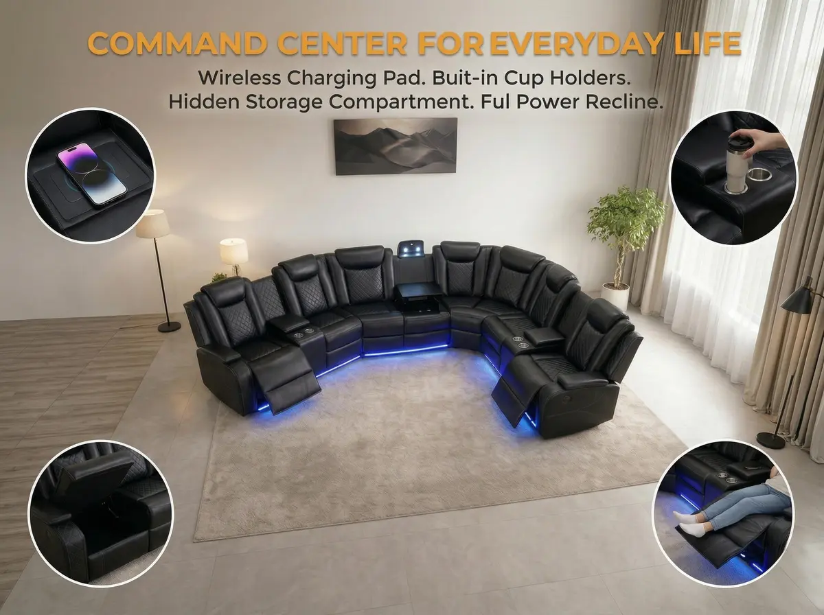 FUOROLA Sectional Sofa with Power Recliner & LED, Black | Modular Living Room Couch with Wireless Charging & Storage - view 3