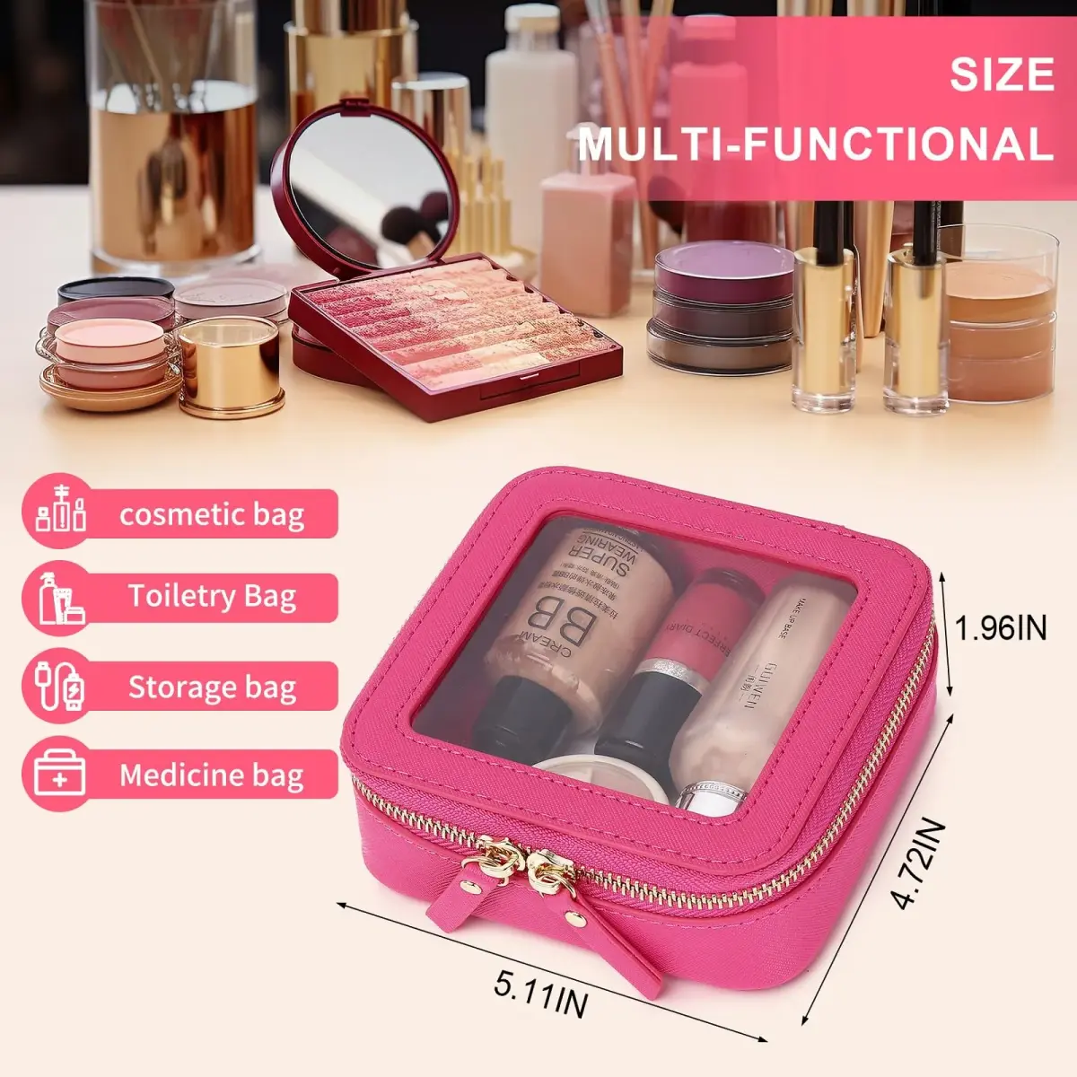 Pinkmik Small Clear Mini Makeup Bag 13.5cm x 12.5cm x 7cm | TSA Approved Travel Pouch - view 3