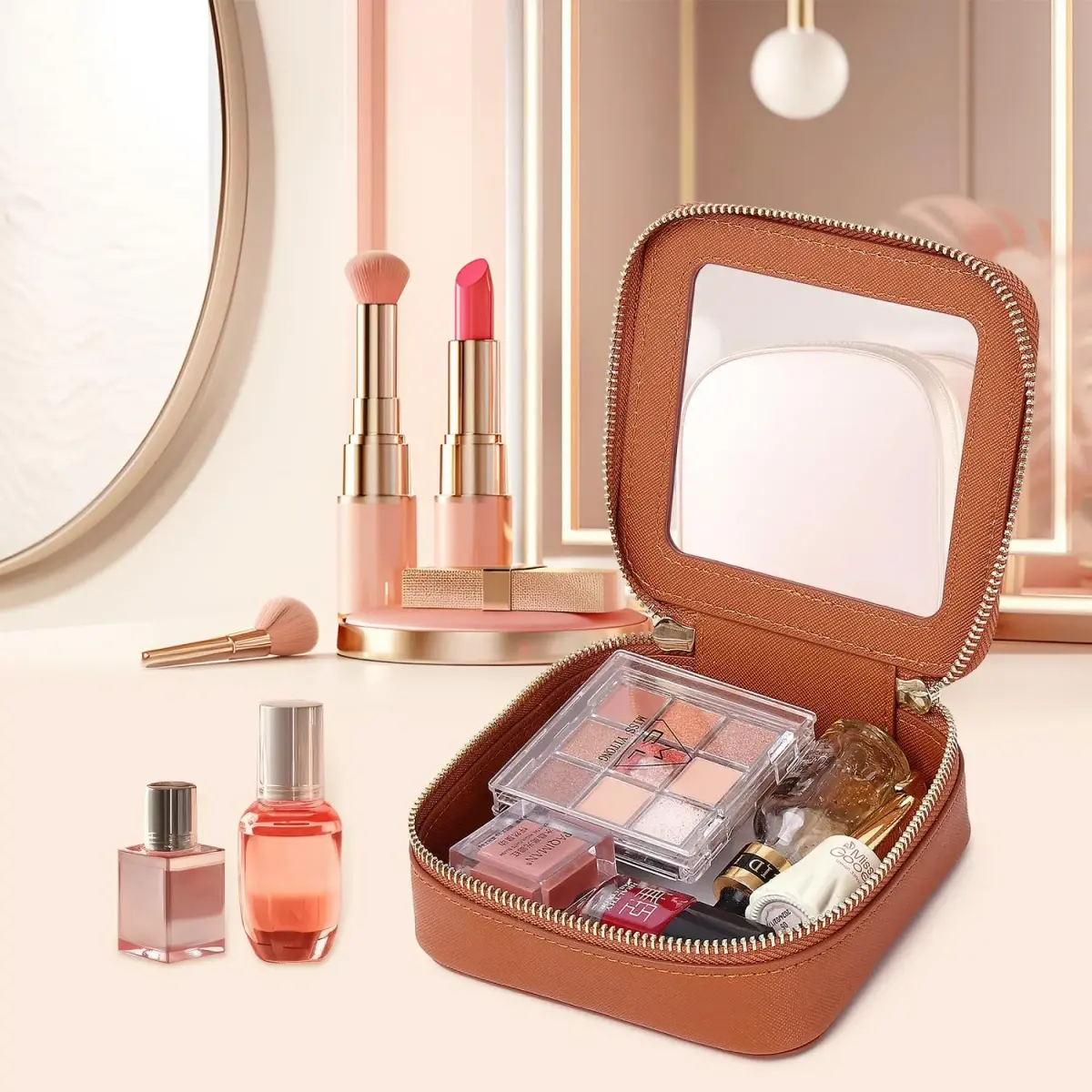 Pinkmik Small Clear Mini Makeup Bag, Brown (MINI-1) | TSA Approved Travel Cosmetic Pouch - view 4