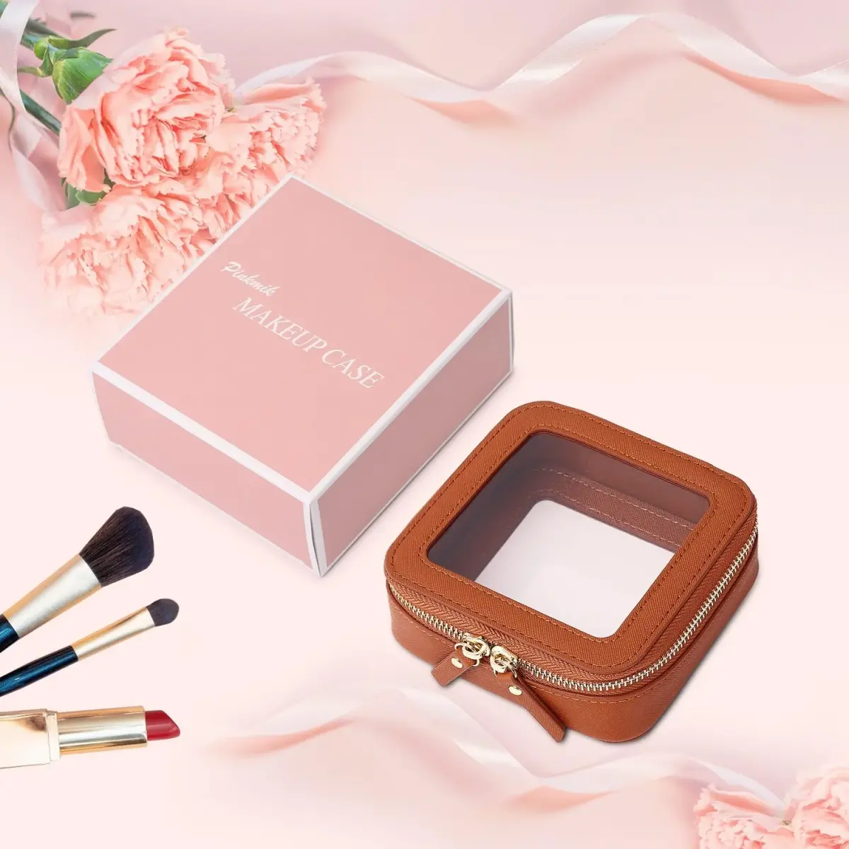 Pinkmik Small Clear Mini Makeup Bag, Brown (MINI-1) | TSA Approved Travel Cosmetic Pouch - view 7