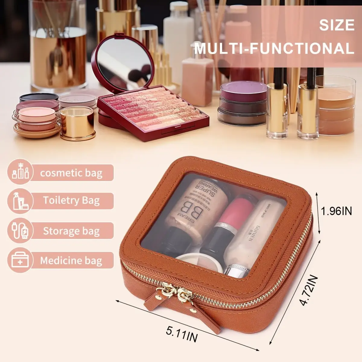 Pinkmik Small Clear Mini Makeup Bag, Brown (MINI-1) | TSA Approved Travel Cosmetic Pouch - view 3