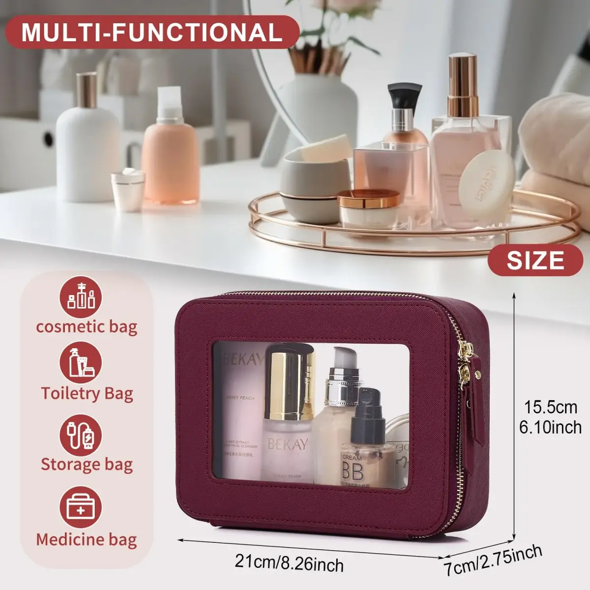 Pinkmik Clear Makeup Bag - Medium Size, D/Burgundy - view 3