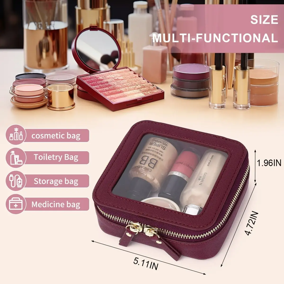 Pinkmik A1/Burgundy Mini Clear Makeup Bag - TSA Approved Travel Cosmetic Case - view 3