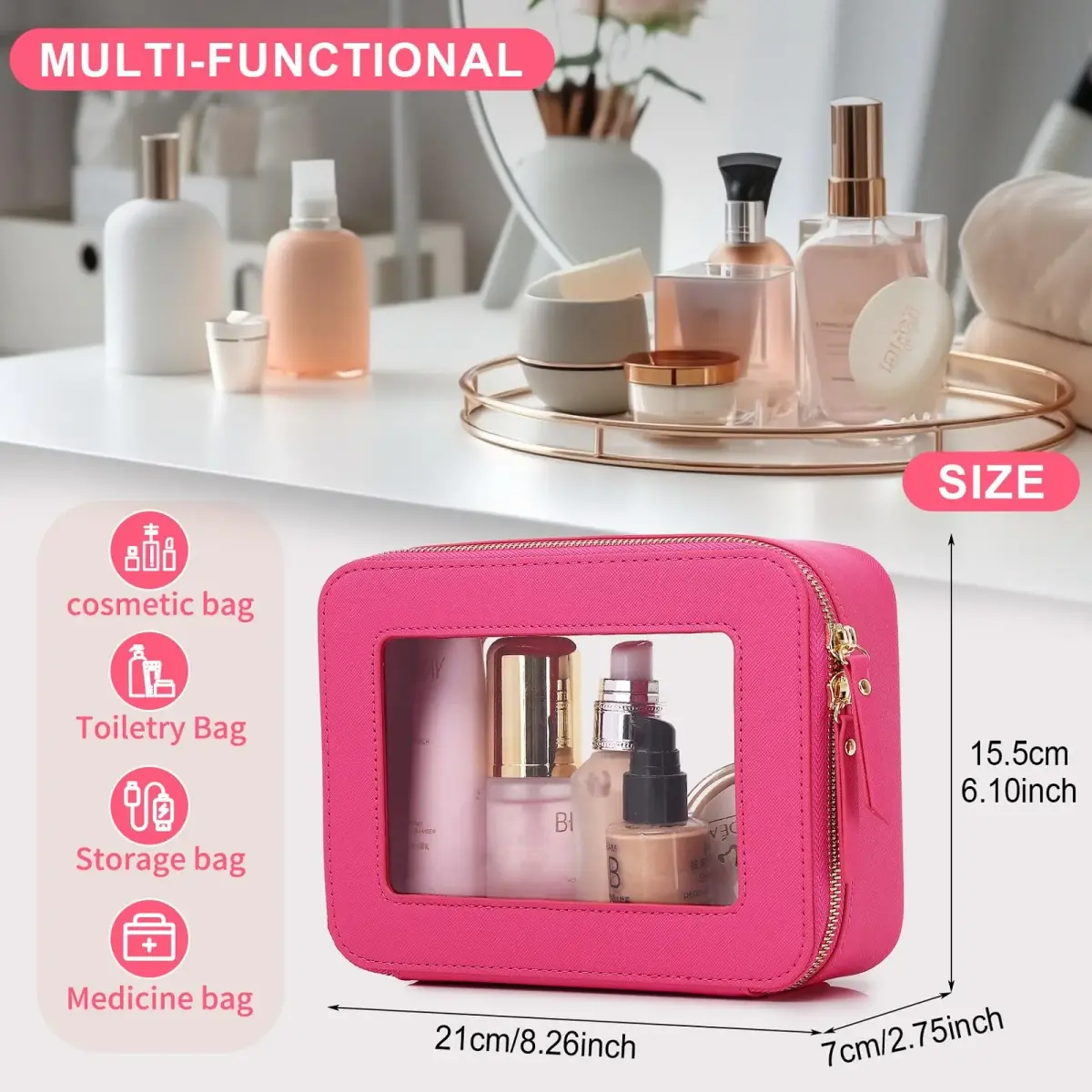 Pinkmik D/Fuxia Clear Makeup Bag - Medium Size | TSA Approved Travel Cosmetic Case - view 3
