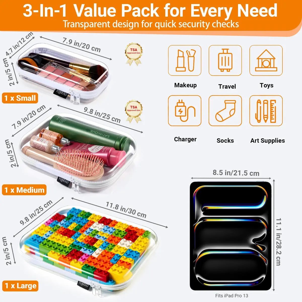 YQBRAO 3-Piece Clear Hard Shell Zipper Case Set, 1L 1M 1S | Transparent, Durable, Travel-Ready - view 4