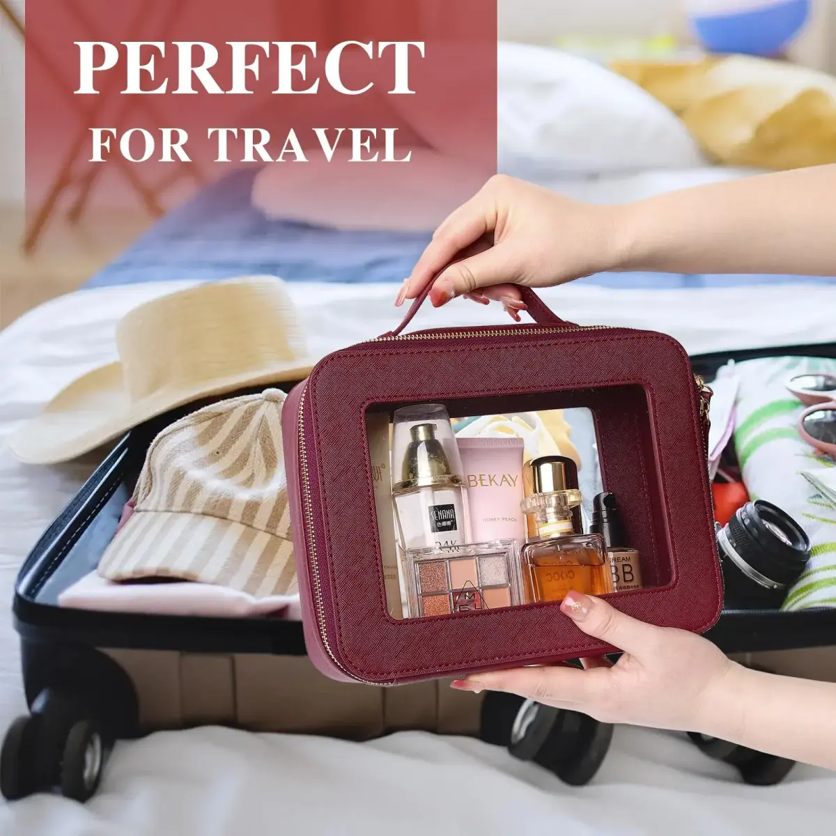 Pinkmik Burgundy Clear Makeup Bag Set, Medium and Large Sizes | TSA Approved Travel Cosmetic Case - view 4