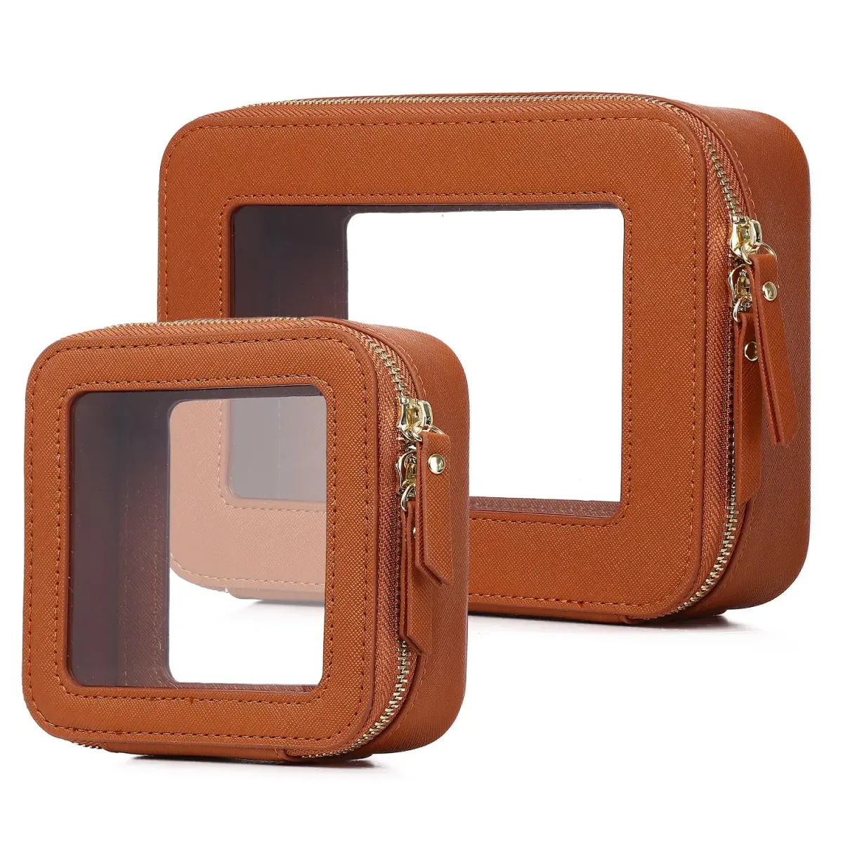 Pinkmik A4/Brown Clear Makeup Bag Set - Medium & Mini Sizes | TSA Approved Travel Cosmetic Case - main product image