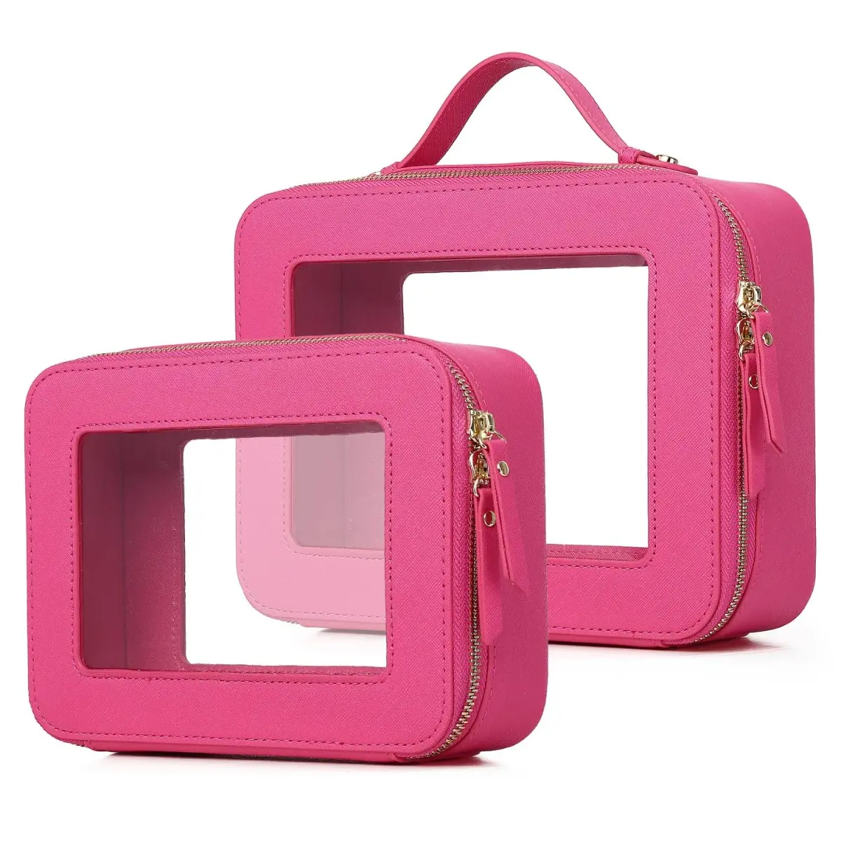 Pinkmik Fuxia Clear Makeup Bag Set - Medium and Large Sizes | TSA Approved Travel Cosmetic Cases - main product image