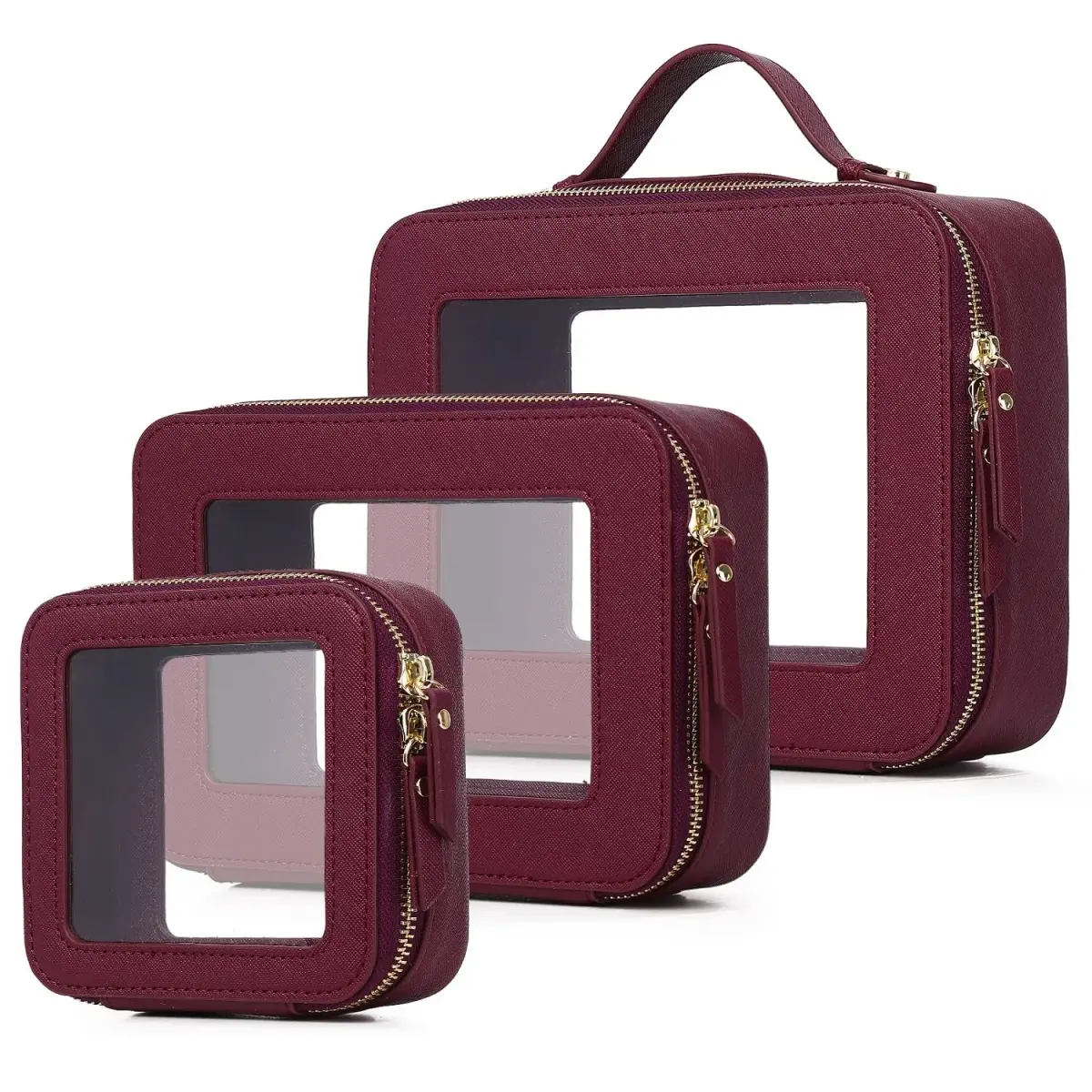 Pinkmik A5/Burgundy Clear Makeup Bag Set, L+M+MINI (3-Piece) | TSA Approved Travel Cosmetic Case - main product image