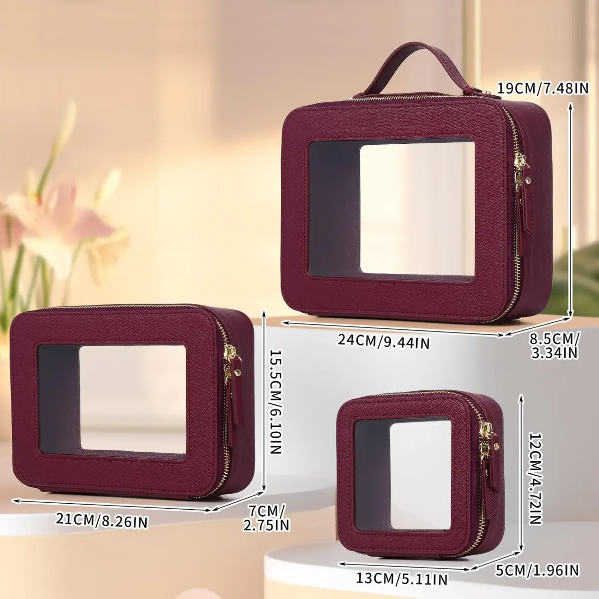 Pinkmik A5/Burgundy Clear Makeup Bag Set, L+M+MINI (3-Piece) | TSA Approved Travel Cosmetic Case - view 2