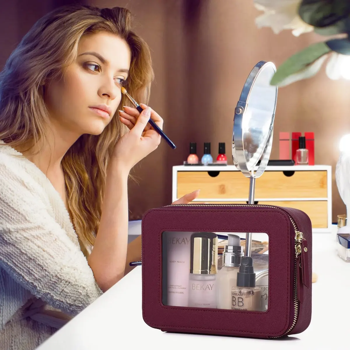 Pinkmik A5/Burgundy Clear Makeup Bag Set, L+M+MINI (3-Piece) | TSA Approved Travel Cosmetic Case - view 4