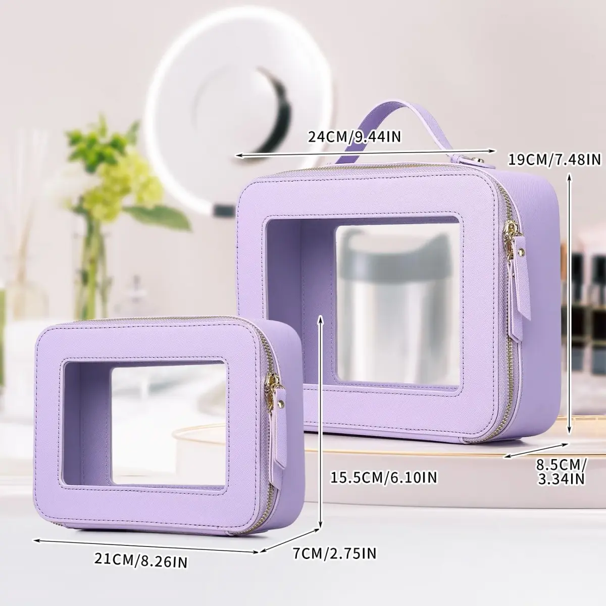 Pinkmik Clear Makeup Bag Set, Purple, M+L | TSA Approved Travel Cosmetic Organizer - view 2