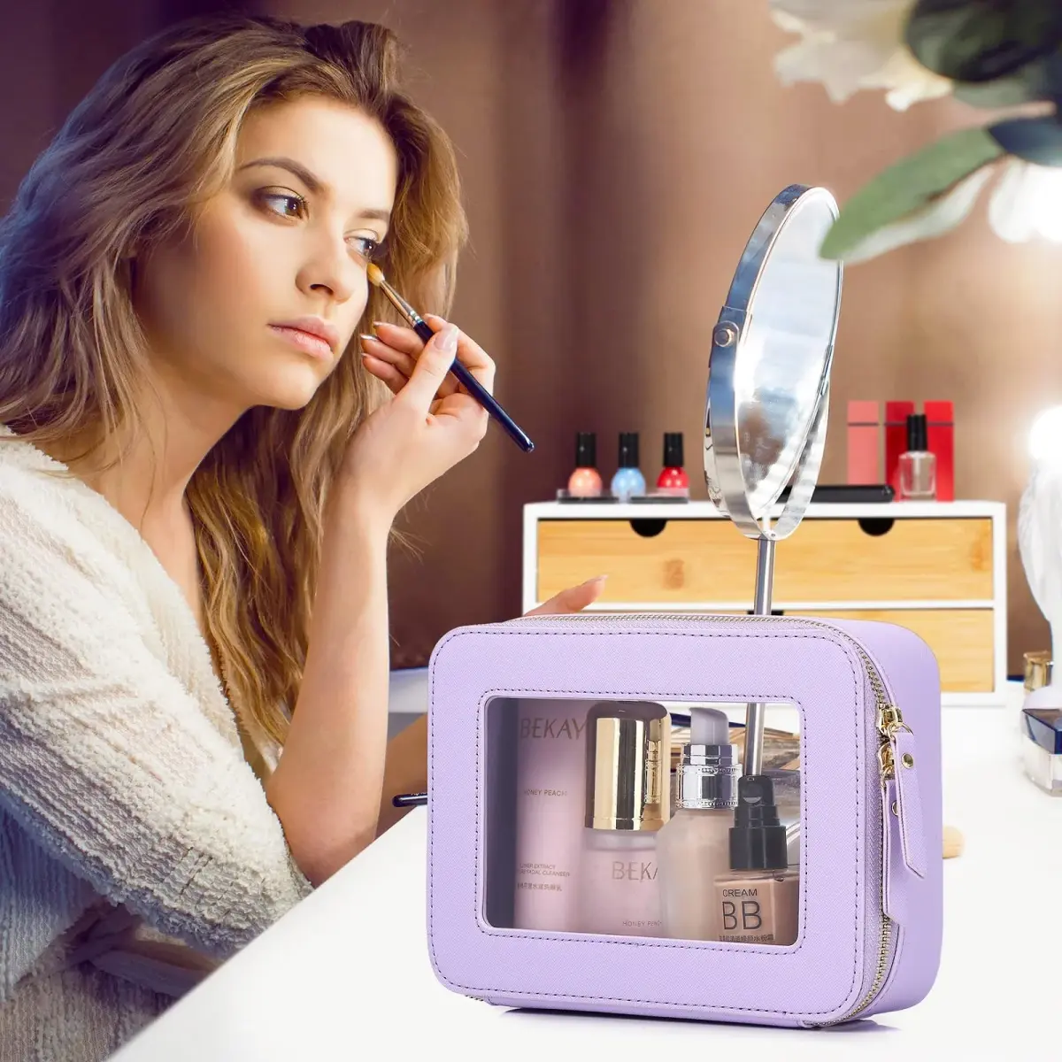 Pinkmik Clear Makeup Bag Set, Purple, M+L | TSA Approved Travel Cosmetic Organizer - view 3