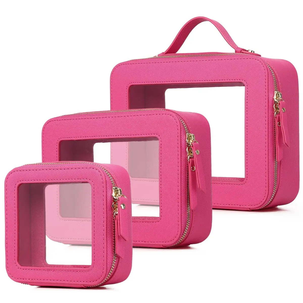 Pinkmik A5/Fuxia Clear Makeup Bag Set, L+M+MINI (3-Piece) | TSA Approved Travel Cosmetic Case - main product image