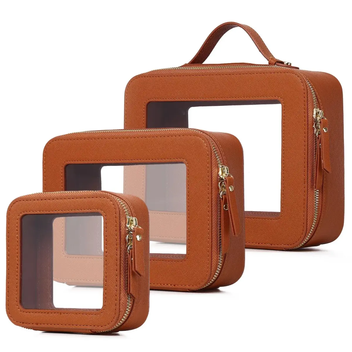Pinkmik A5/Brown Clear Makeup Bag Set, L+M+MINI (3-Piece) | TSA Approved Travel Cosmetic Case - main product image