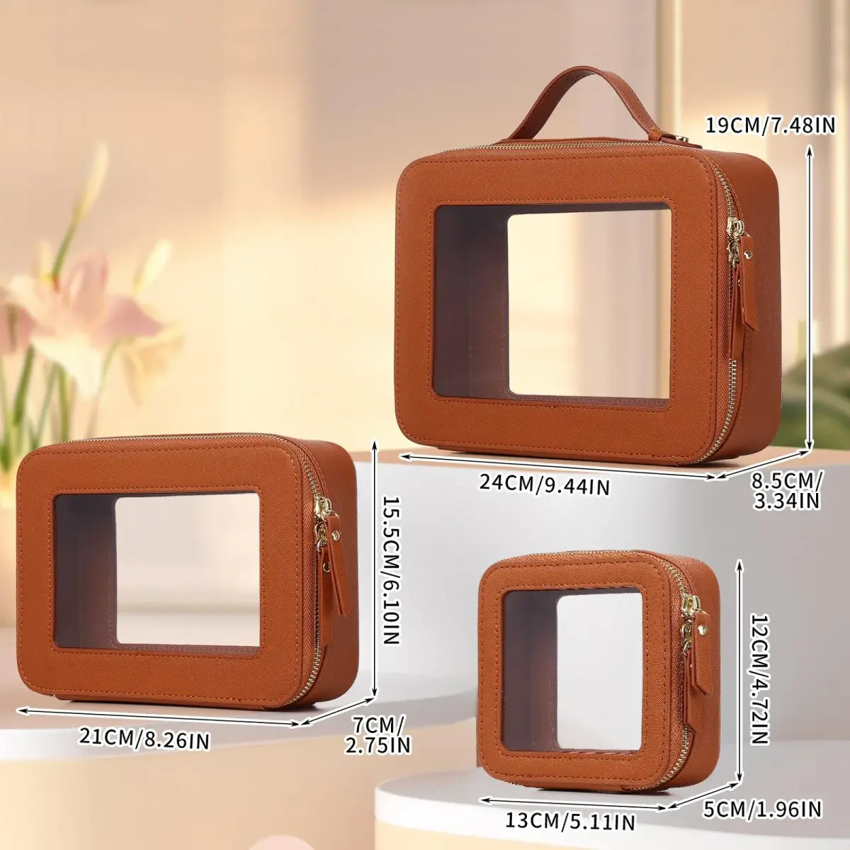 Pinkmik A5/Brown Clear Makeup Bag Set, L+M+MINI (3-Piece) | TSA Approved Travel Cosmetic Case - view 2