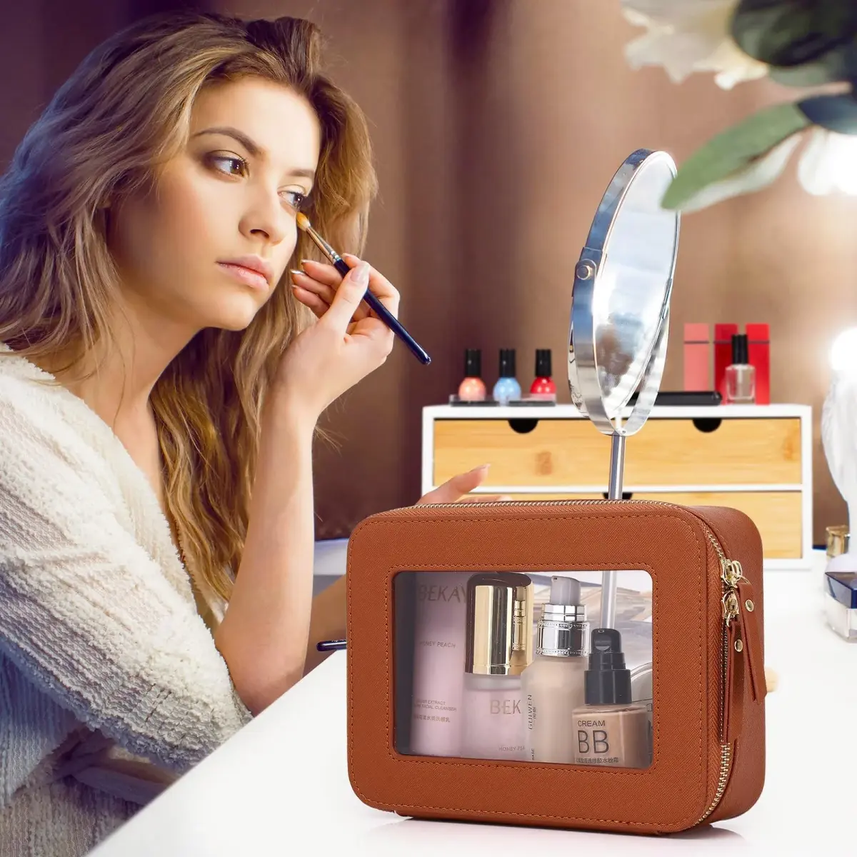 Pinkmik A5/Brown Clear Makeup Bag Set, L+M+MINI (3-Piece) | TSA Approved Travel Cosmetic Case - view 4