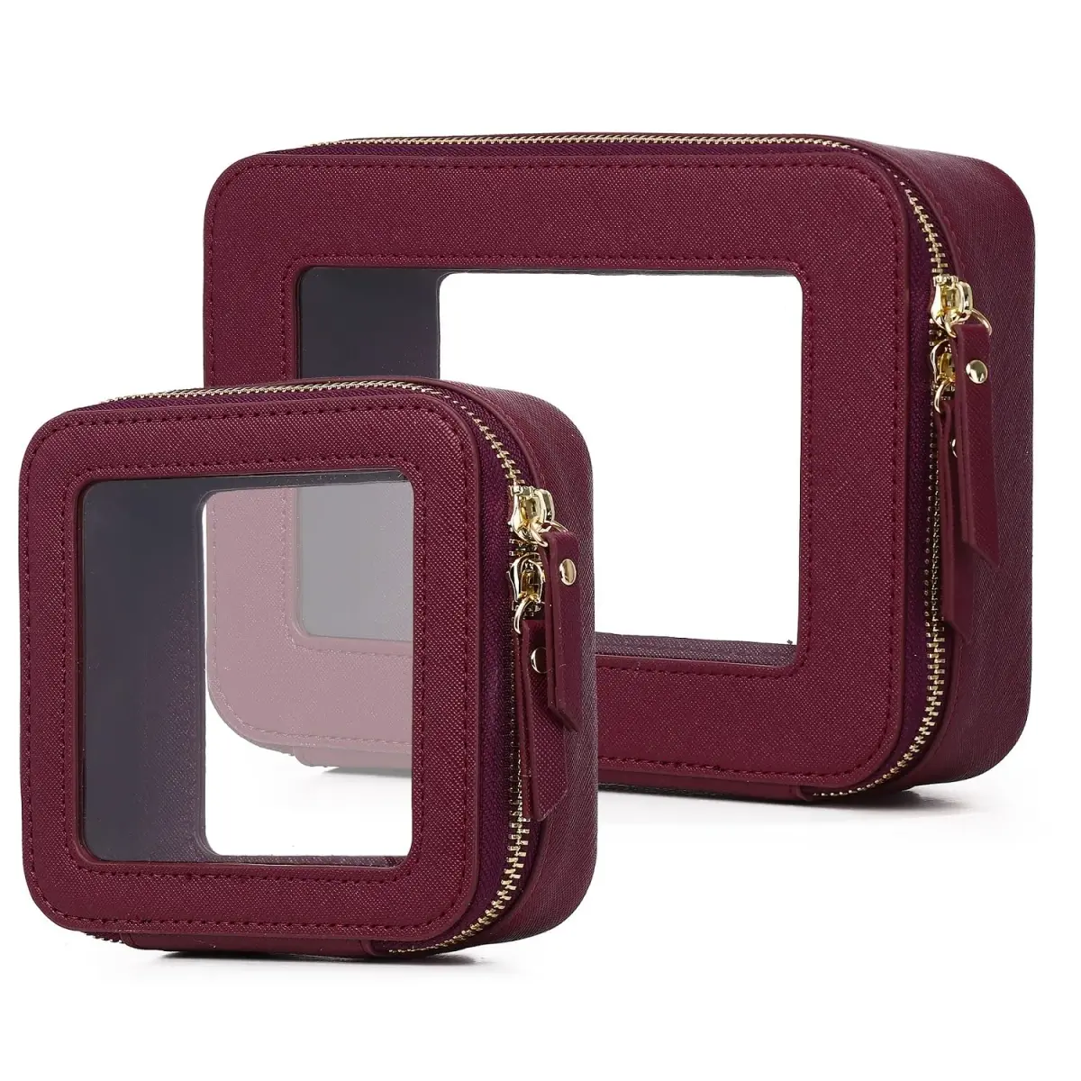 Pinkmik A4/Burgundy Clear Makeup Bag Set, Medium + Mini Sizes | TSA Approved Travel Cosmetic Case - main product image