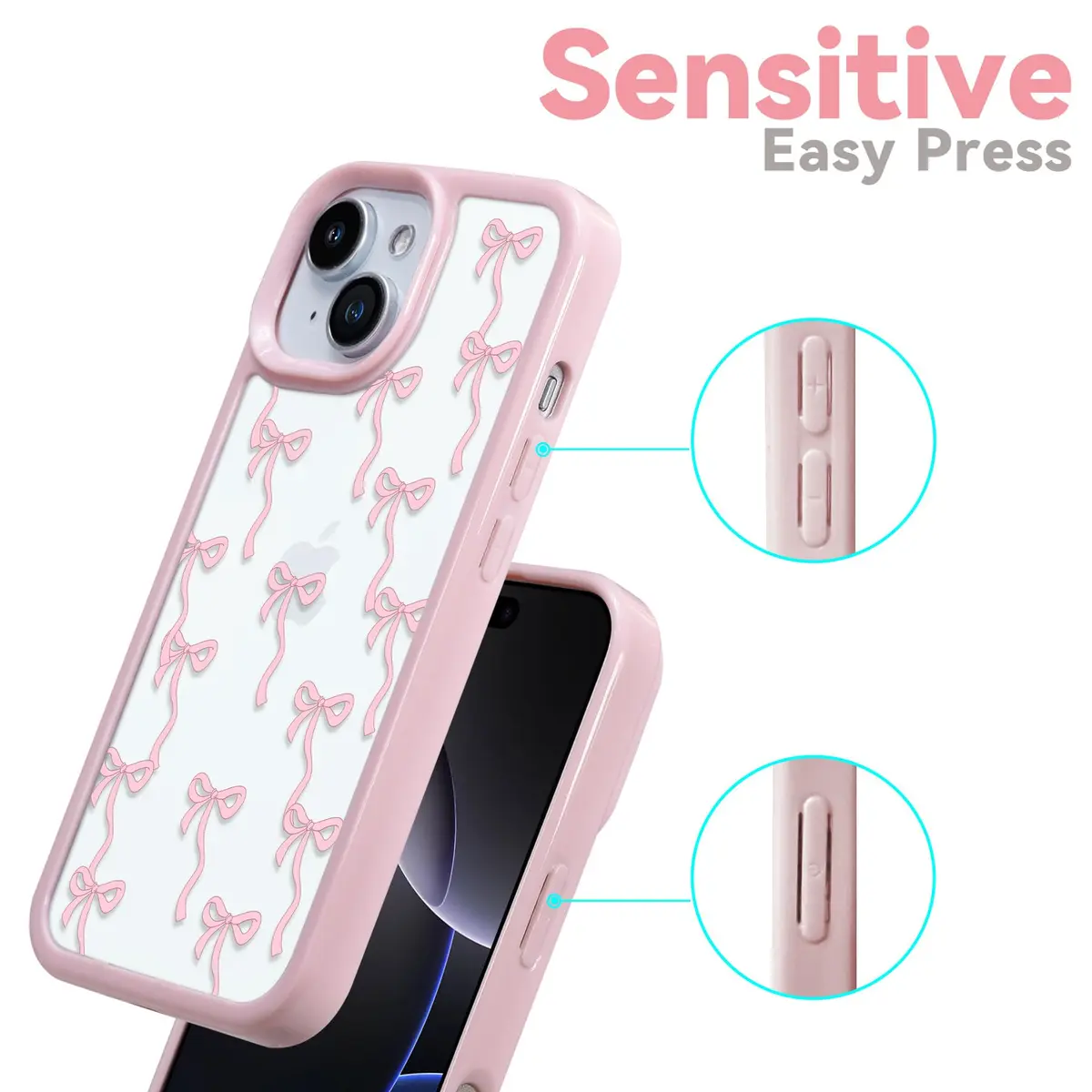 Yetagso Bow Case for iPhone 15 Plus & 14 Plus | Slim Fit Pink Glitter Bow Phone Cover - view 4
