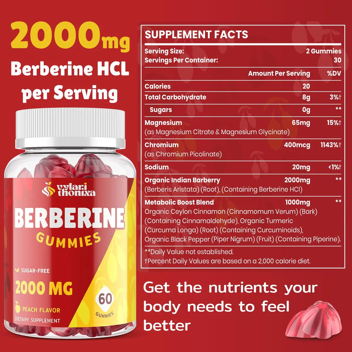 Vylarithonixa Berberine Supplement Gummies 2000 mg with Ceylon Cinnamon, 60 Count | Sugar-Free, Vegan, Absorption Boost - view 3