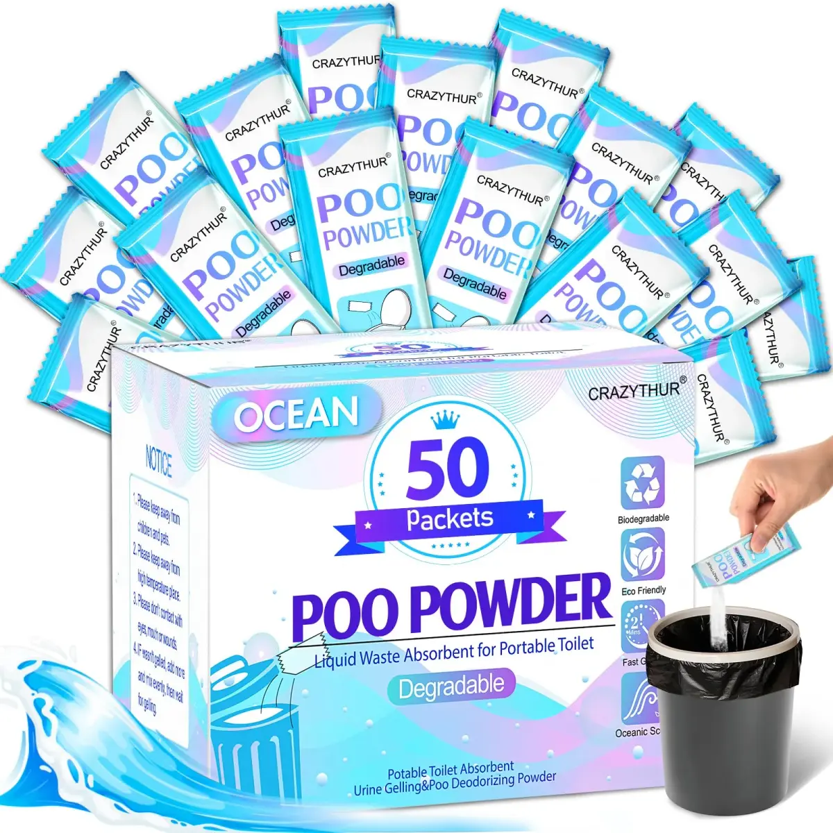 CRAZYTHUR Portable Toilet Gel Powder 50PCS | Solidifies Waste 2x Faster, Odor Lock - main product image