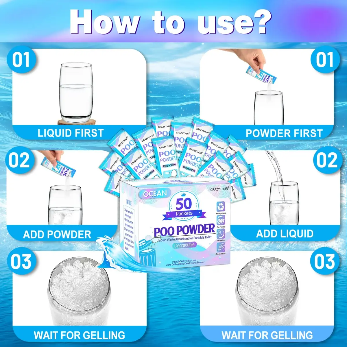 CRAZYTHUR Portable Toilet Gel Powder 50PCS | Solidifies Waste 2x Faster, Odor Lock - view 7