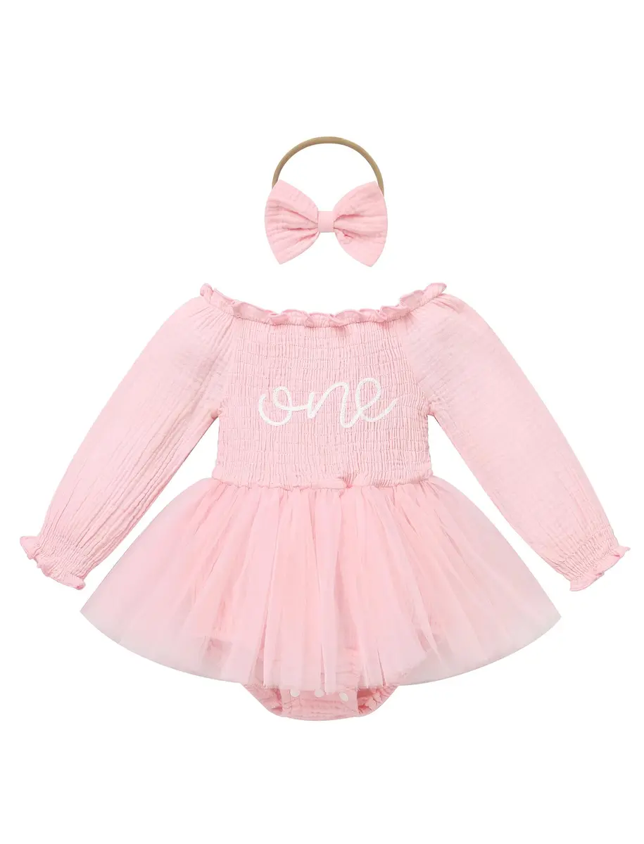 IBTOM CASTLE Baby Girl 1st Birthday Outfit Long Sleeve Smocked Tulle Tutu Dress & Headband 12-18 Months | Light Pink - main product image