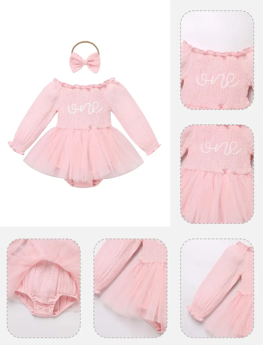 IBTOM CASTLE Baby Girl 1st Birthday Outfit Long Sleeve Smocked Tulle Tutu Dress & Headband 12-18 Months | Light Pink - view 5