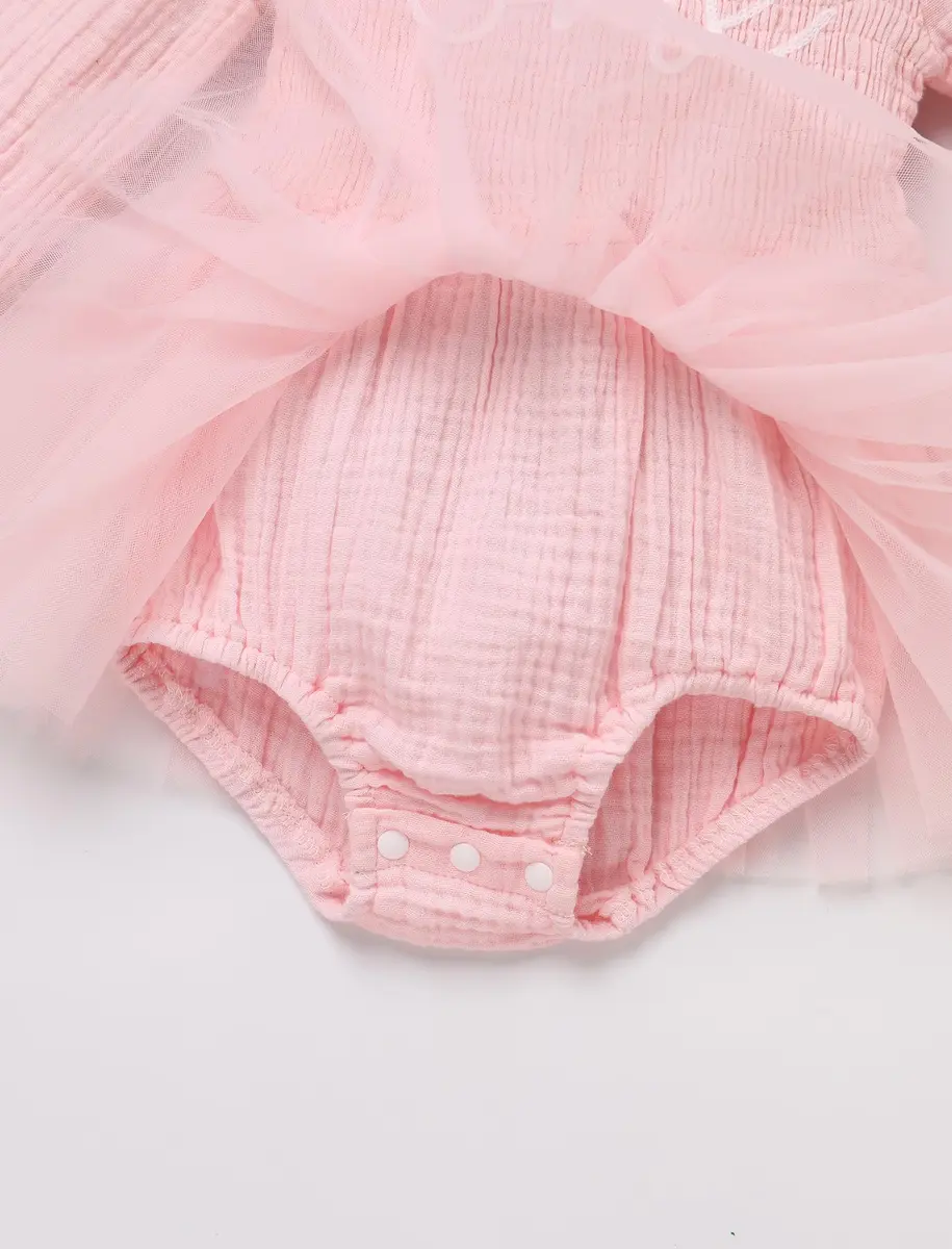 IBTOM CASTLE Baby Girl 1st Birthday Outfit Long Sleeve Smocked Tulle Tutu Dress & Headband 12-18 Months | Light Pink - view 6