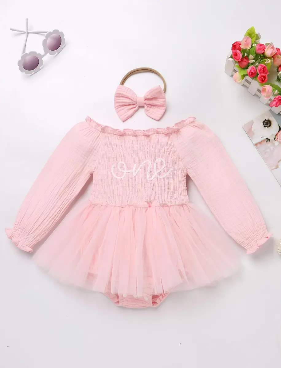 IBTOM CASTLE Baby Girl 1st Birthday Outfit Long Sleeve Smocked Tulle Tutu Dress & Headband 12-18 Months | Light Pink - view 2