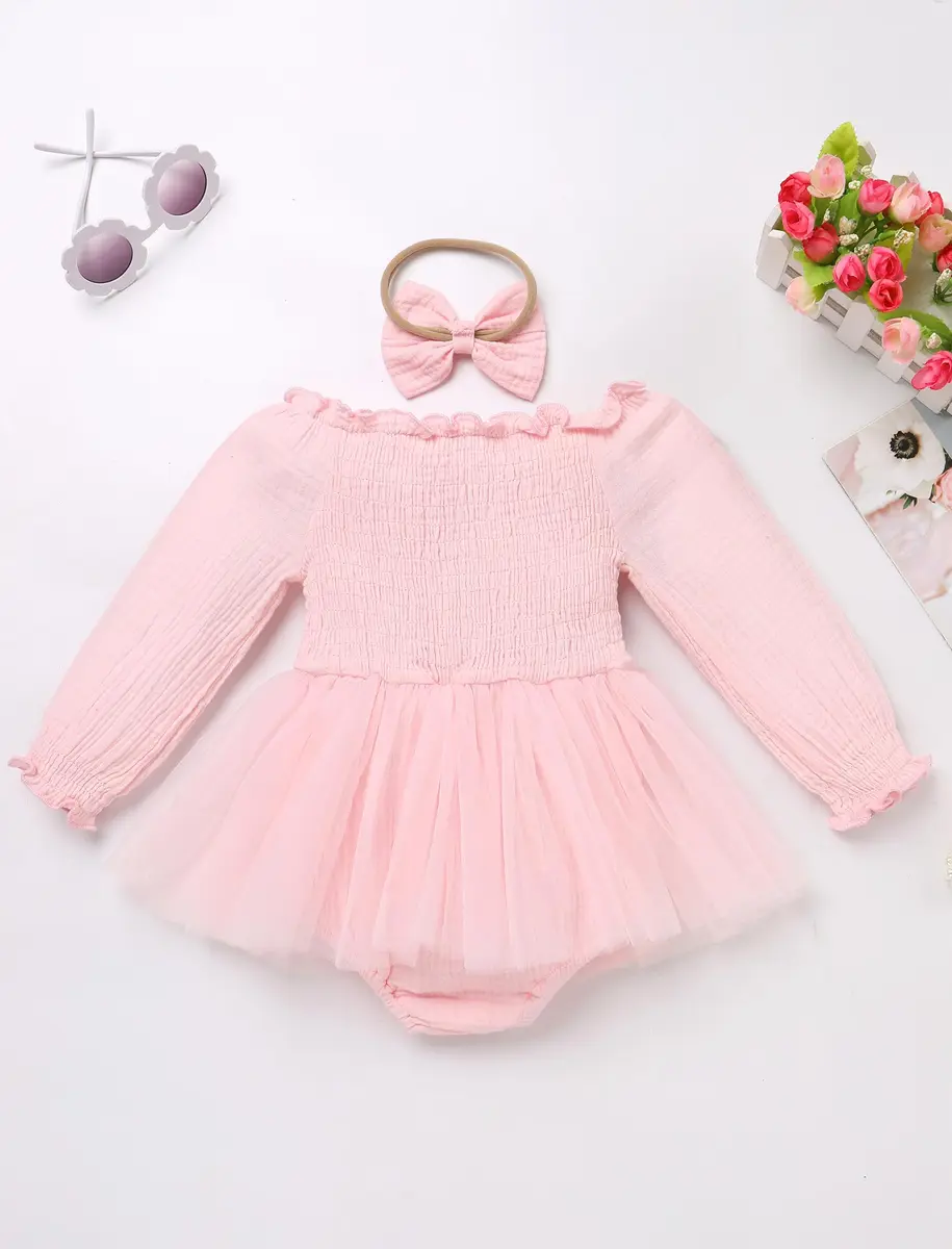 IBTOM CASTLE Baby Girl 1st Birthday Outfit Long Sleeve Smocked Tulle Tutu Dress & Headband 12-18 Months | Light Pink - view 3
