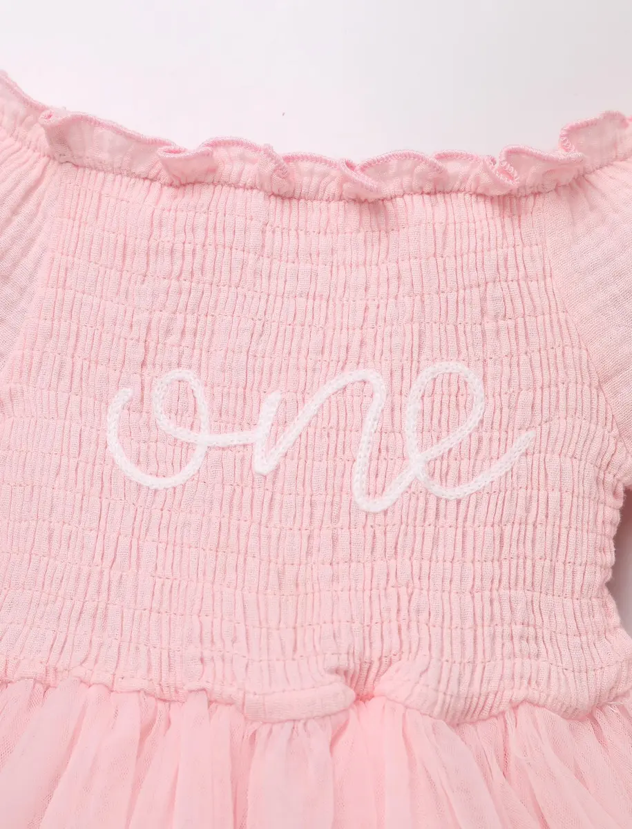 IBTOM CASTLE Baby Girl 1st Birthday Outfit Long Sleeve Smocked Tulle Tutu Dress & Headband 12-18 Months | Light Pink - view 4
