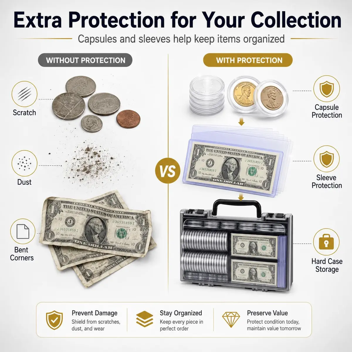 FULLCASE Coin Collector Case with 141 Capsules and 220 Currency Sleeves | Organized Coin & Currency Storage - view 2