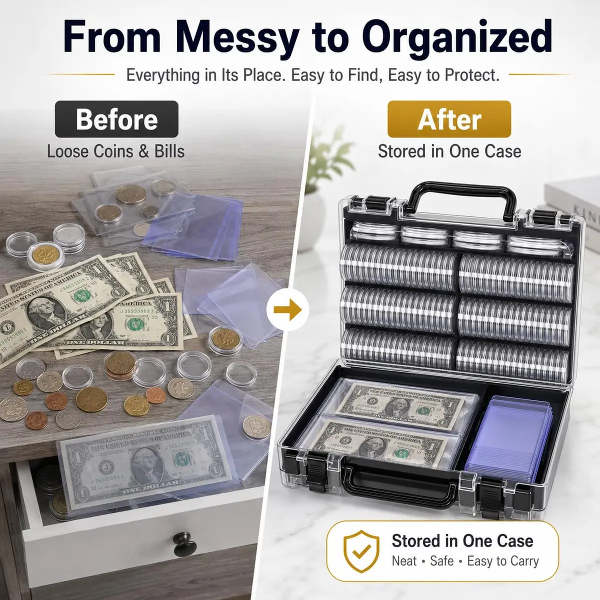 FULLCASE Coin Collector Case with 141 Capsules and 220 Currency Sleeves | Organized Coin & Currency Storage - view 3