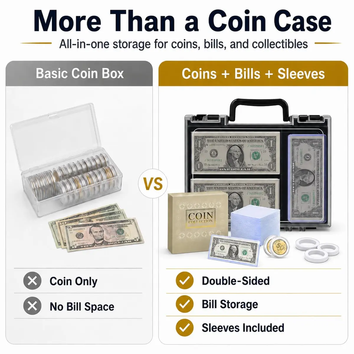 FULLCASE Coin Collector Case with 141 Capsules and 220 Currency Sleeves | Organized Coin & Currency Storage - view 4