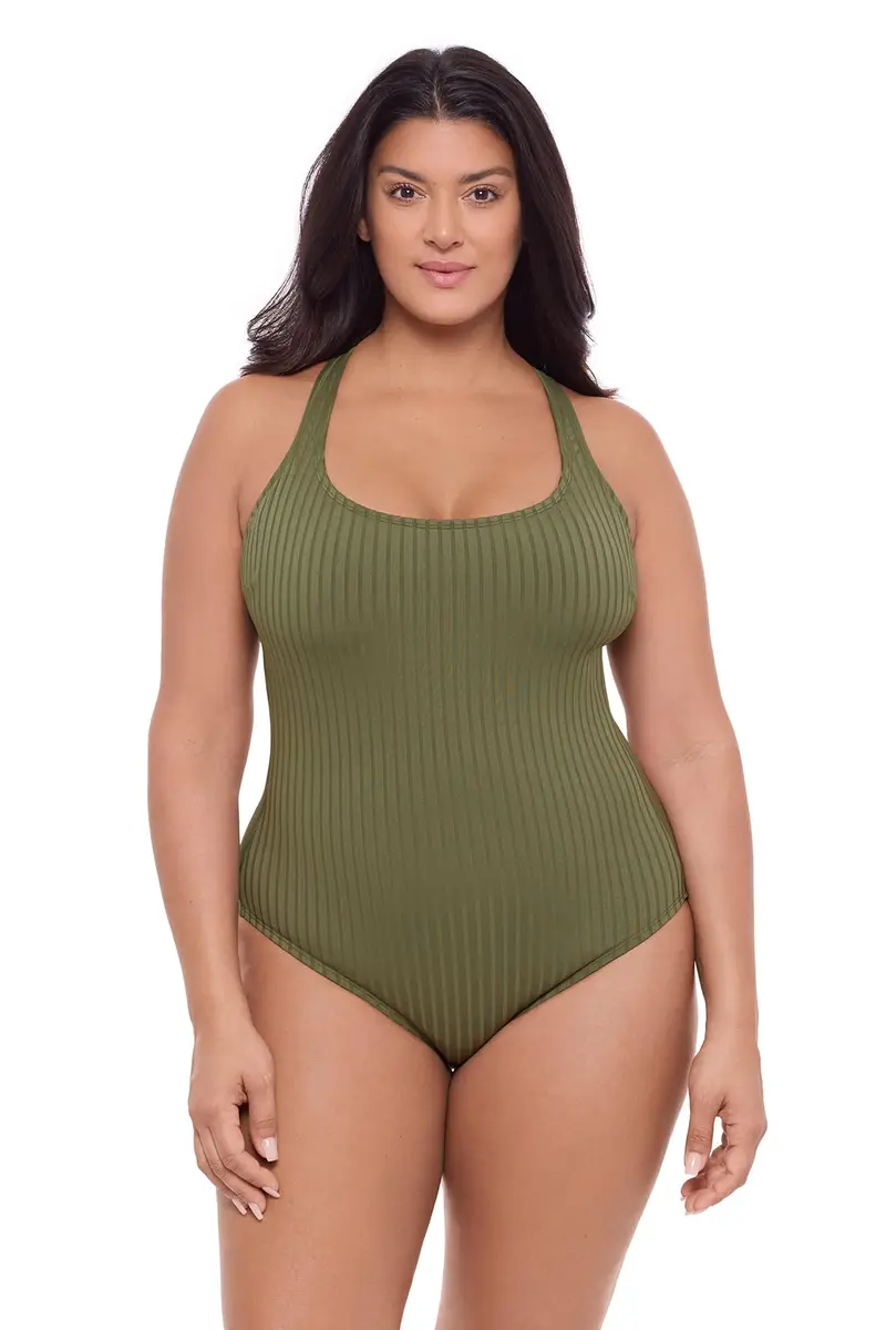 S3 Swim Women's Scoop Neck One Piece Swimsuit | Supportive Ribbed Texture, Eucalyptus - main product image
