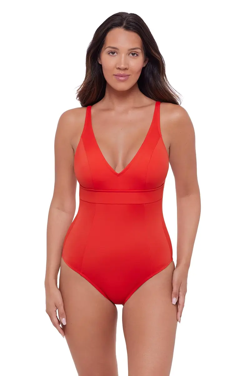 S3 Swim Women's Sculpting V-Neck Over the Shoulder Plunge One Piece Swimsuit, Scarlet, Large | 360° Shaping & Support - main product image