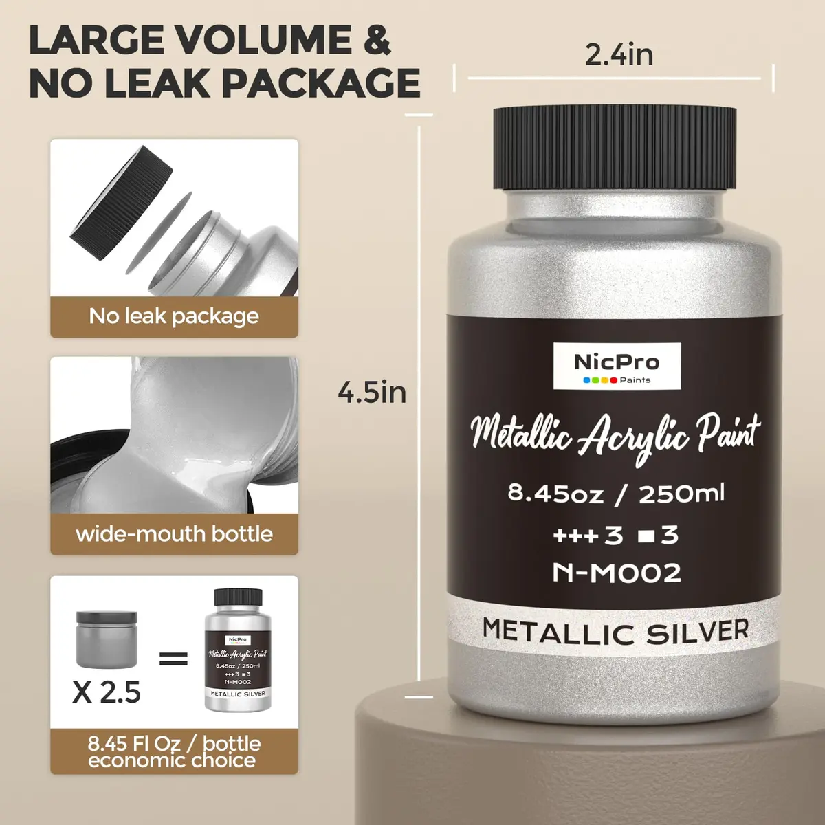 Nicpro Metallic Silver Acrylic Paint 8.45oz | Bright, Shiny Finish for Art & Crafts - view 7