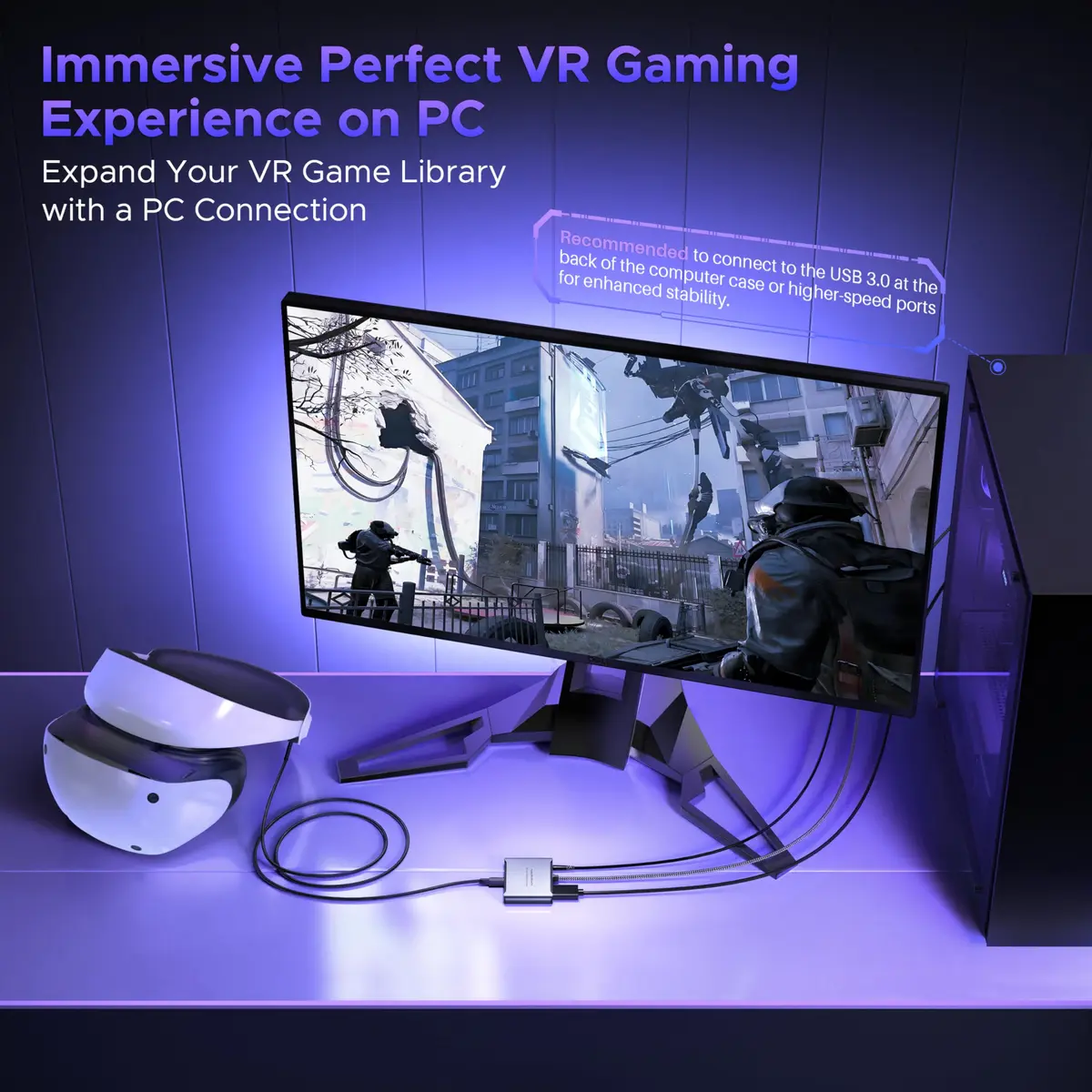 Warrky PSVR2 PC Adapter, Aluminum Shell & Nylon-Braided Cable, 15W Power Supply Included | Connect PSVR2 to PC for Enhanced Gaming - view 3