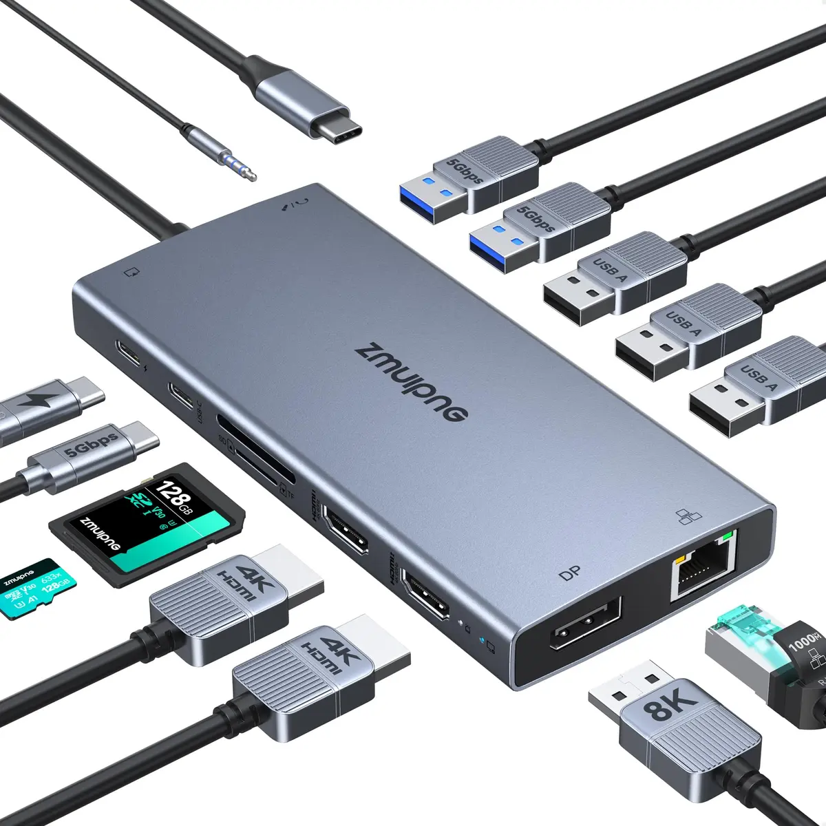 ZMUIPNG USB C Docking Station Dual Monitor 15 in 1 | 2 HDMI 4K DP 8K, 100W PD, Ethernet, Audio, USB Hub - main product image
