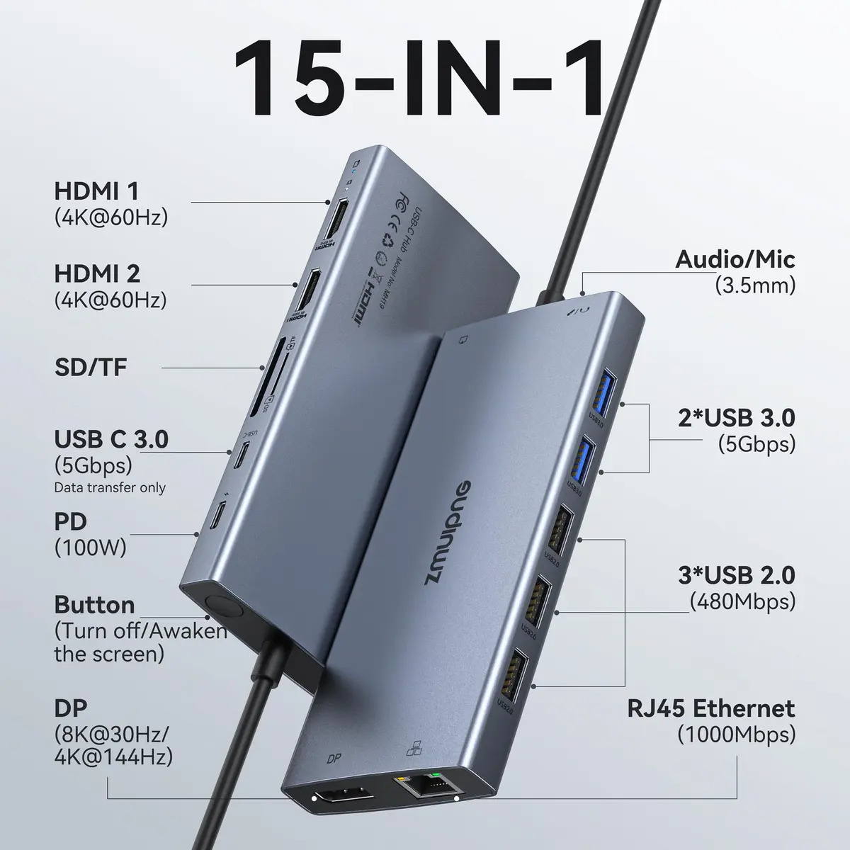 ZMUIPNG USB C Docking Station Dual Monitor 15 in 1 | 2 HDMI 4K DP 8K, 100W PD, Ethernet, Audio, USB Hub - view 2